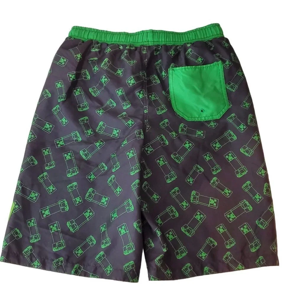 MINECRAFT Swimtrunks Boys 14/16 Green Black Creeper Mojang‎ Beach Built-in Brief
